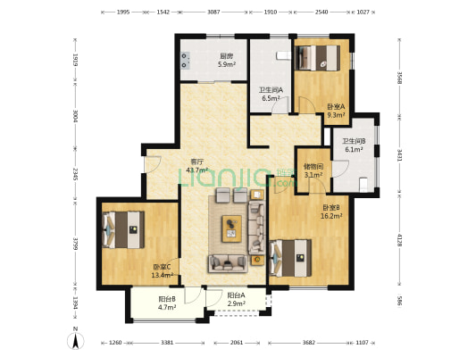 绿城理想之城蓝岸E区北区 3室1厅2卫 150平方