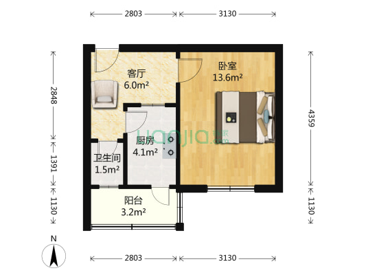 北合街80号 1室1厅1卫 34平方