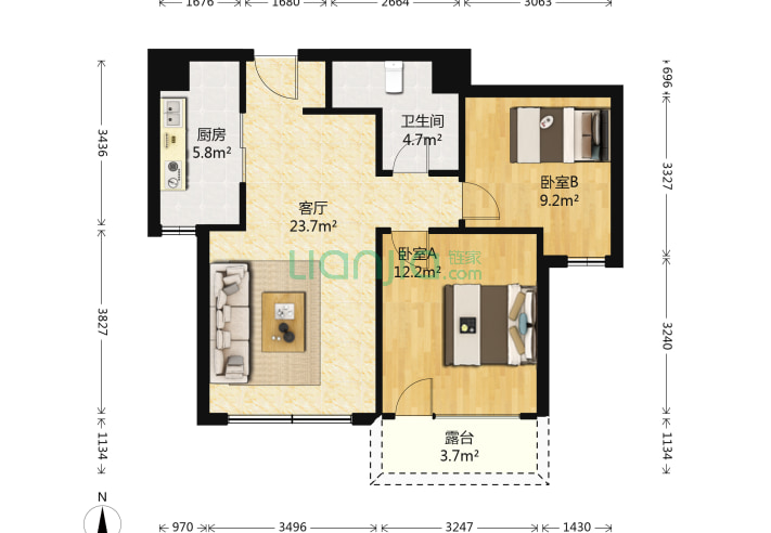 2室1厅1卫75.56㎡-大连万科魅力之城户型图