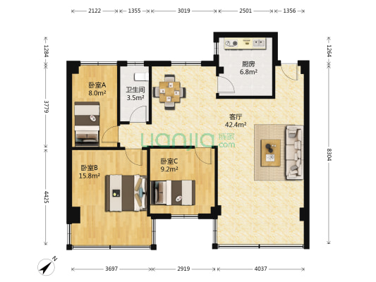 华侨花园 3室1厅1卫 109平方