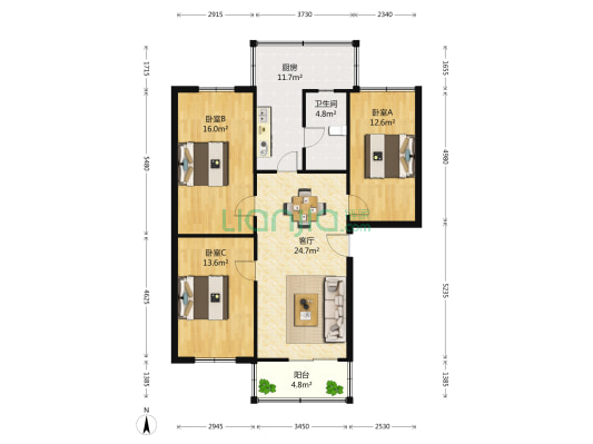 江涛庭院 3室1厅1卫 107平方