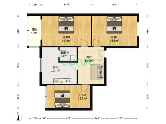 洛阳路1号 3室1厅1卫 93平方