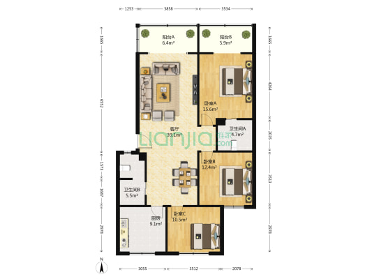 二环路西一段55号 3室1厅2卫 118平方