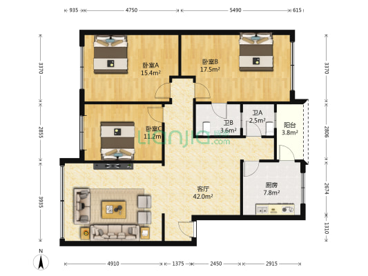 宏发公寓 3室1厅2卫 129平方