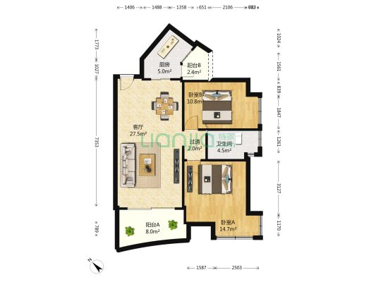 骏逸天下 2室1厅1卫 85平方