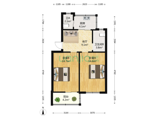 广八路16到20号 2室1厅2卫 62平方