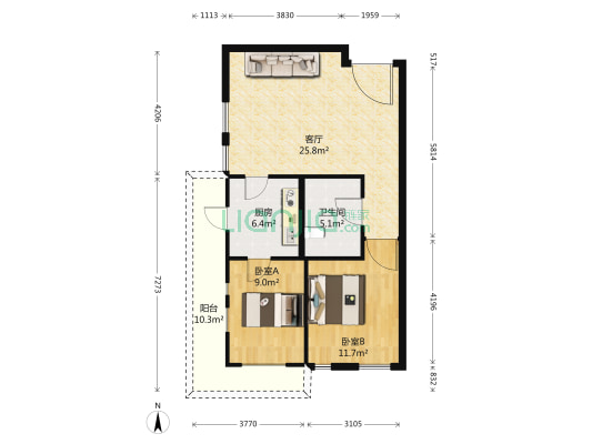 青岛小镇科莫湖 2室1厅1卫 84平方