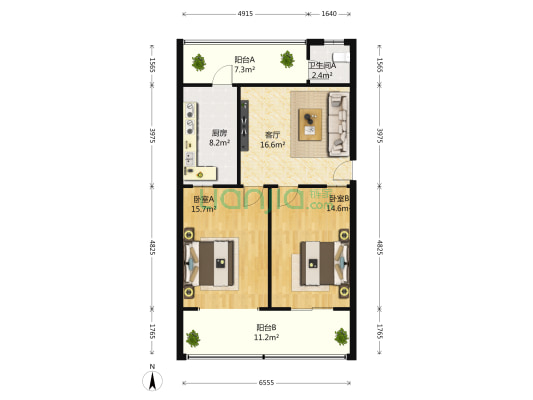 建设路16号 2室1厅1卫 78平方