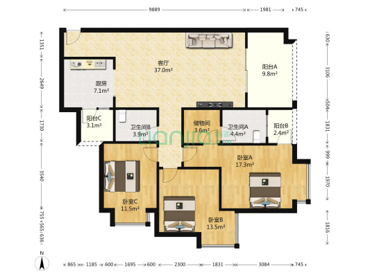 天生丽街 3室1厅2卫 125平方