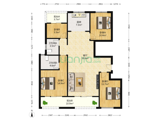 建业运河上院 4室1厅2卫 144平方
