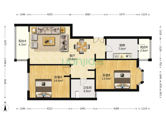 嘉铭桐城A区 2室1厅1卫 105平方
