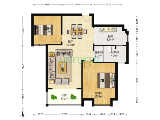 天邦·钻石山 2室1厅2卫 90平方