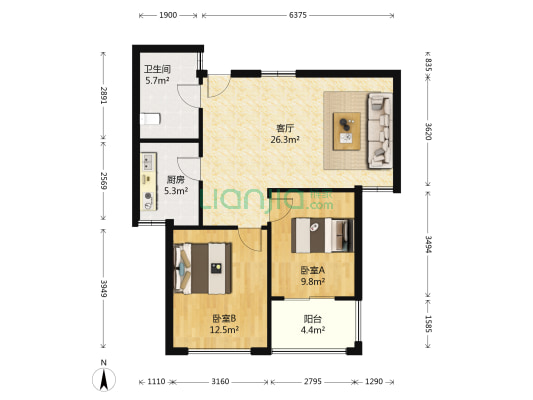 贝利珑昕泽第 2室1厅1卫 88平方