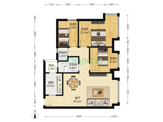 滨江瑞城 3室1厅2卫 86平方