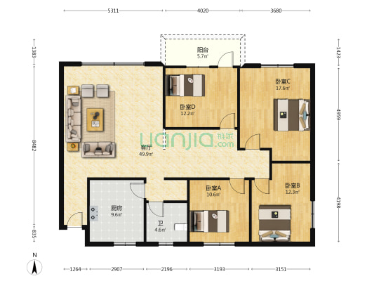 夏家山 4室1厅1卫 142平方