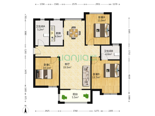 秋江花苑西区 3室1厅2卫 107平方