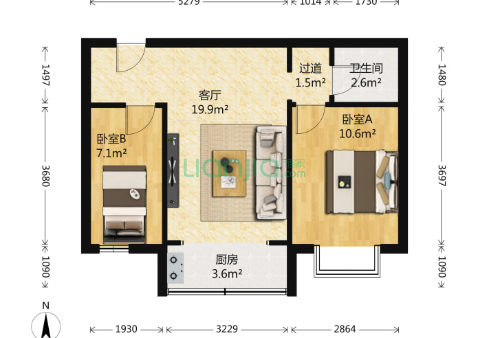 海德堡花园 2室1厅1卫 64㎡ 户型