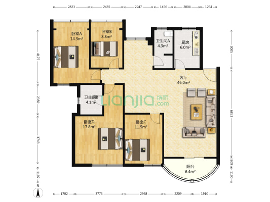 锦绣公寓 4室1厅2卫 151平方