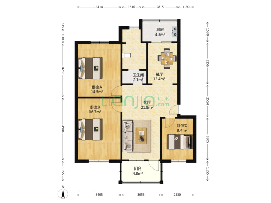 燕子山路2号院 3室2厅1卫 104平方