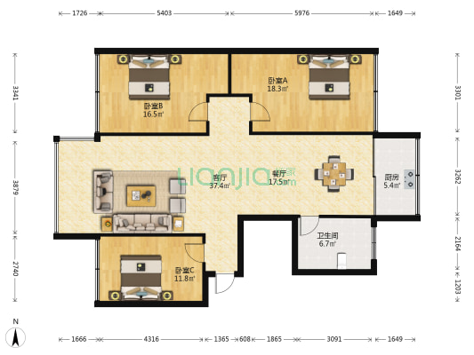 幸福時光 3室2厅1卫 144平方