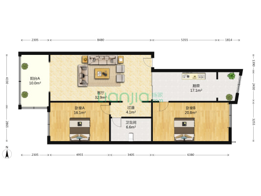 中植方洲苑 2室1厅1卫 117平方
