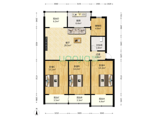 沙口村6号院 3室1厅1卫 131平方