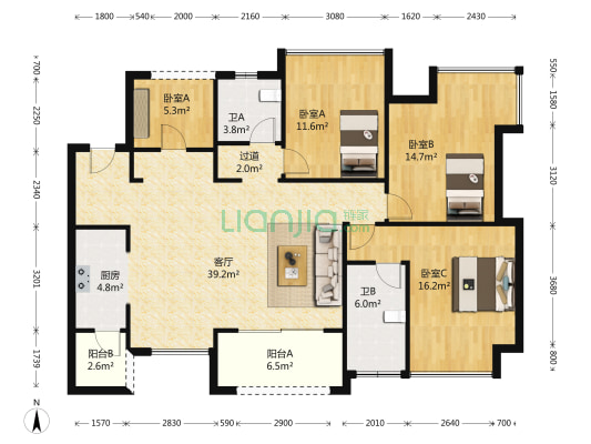 万达华城三期 4室1厅2卫 128平方