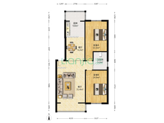 名仕家园B区 2室2厅1卫 108平方
