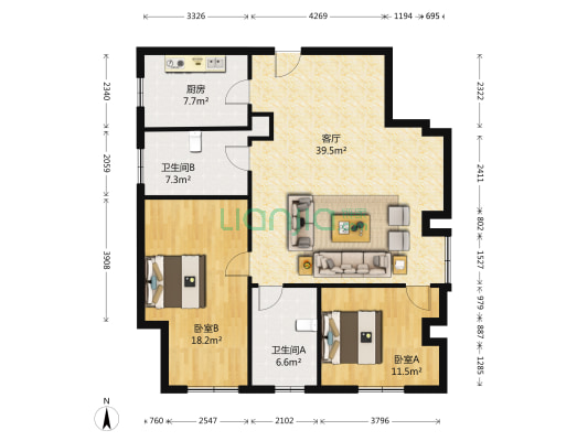 联通大厦 2室1厅2卫 114平方