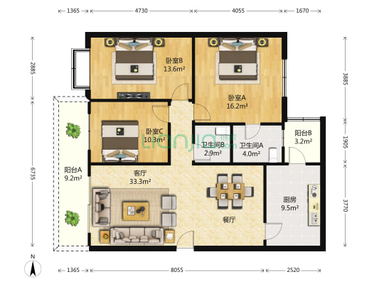 大唐世家七期 3室1厅2卫 116平方