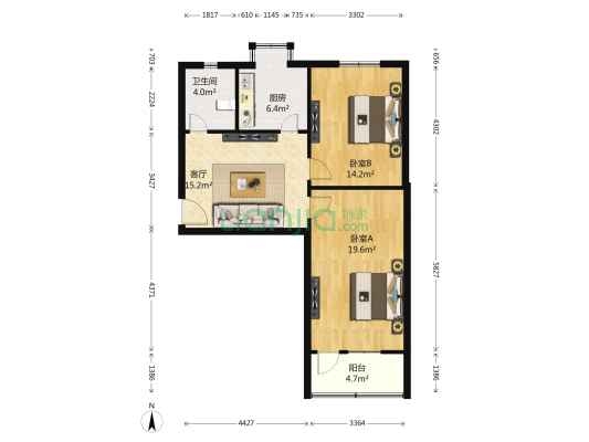 岗坡路4号院 2室1厅1卫 77平方