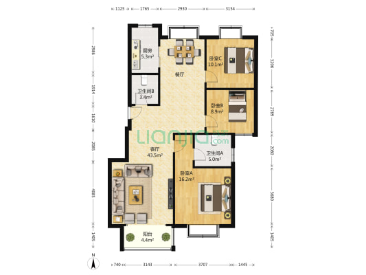 尚品清河三区 3室1厅2卫 128平方