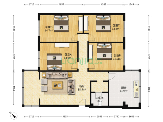 磨底河横街10号 4室1厅1卫 123平方