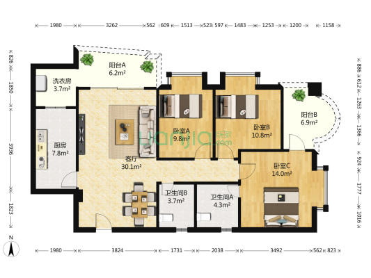 东澳广场 3室1厅2卫 113平方