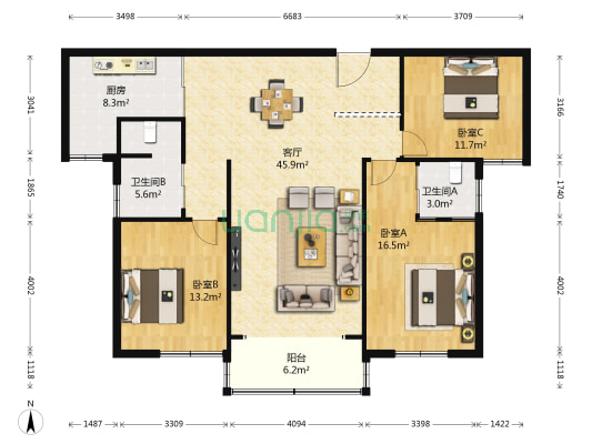 锦江园 3室1厅2卫 136平方