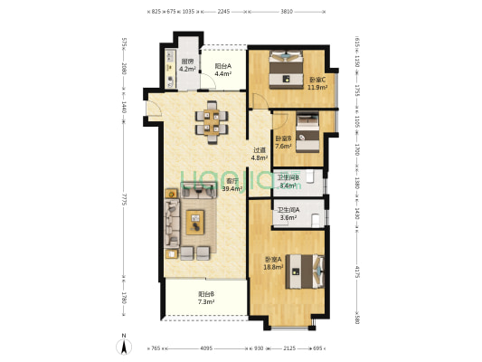 明智大厦 3室1厅2卫 138平方