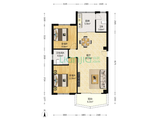东兴苑 2室1厅2卫 89平方