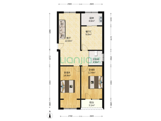 荣光花园 2室2厅1卫 87平方