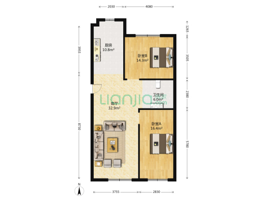锦绣溪城 2室1厅1卫 126平方