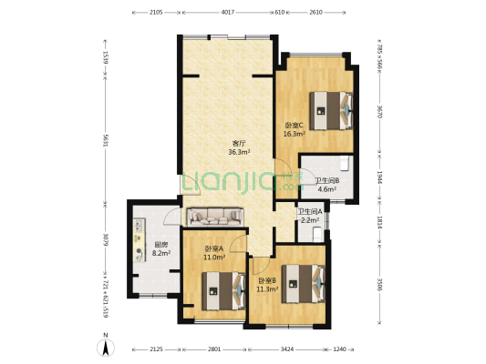 君悦名筑 3室1厅2卫 105平方