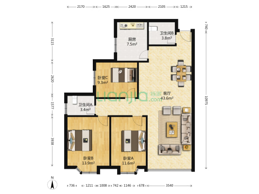 西樱花小区 3室1厅2卫 121平方
