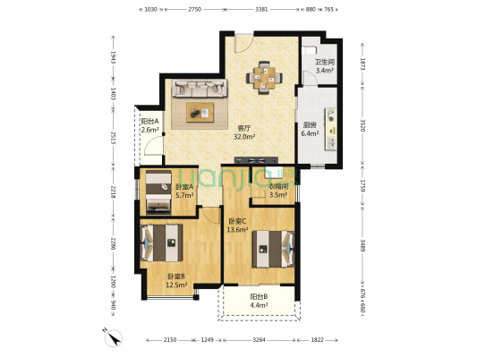 富力新居 3室1厅1卫 109平方