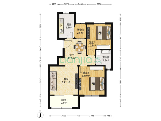 山水嘉园 2室2厅1卫 90平方