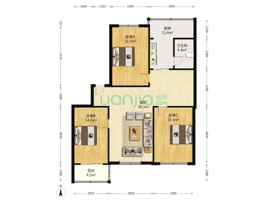 照明南里 3室1厅1卫 127平方