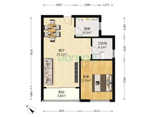龙贤苑 1室1厅1卫 64平方