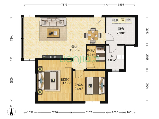 龙平街3巷 3室1厅1卫 80平方
