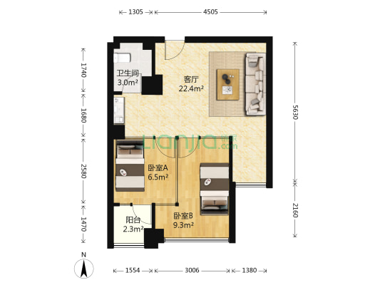 锦泰东环国际 2室1厅1卫 65平方