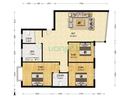 水锦花都 3室1厅2卫 126平方