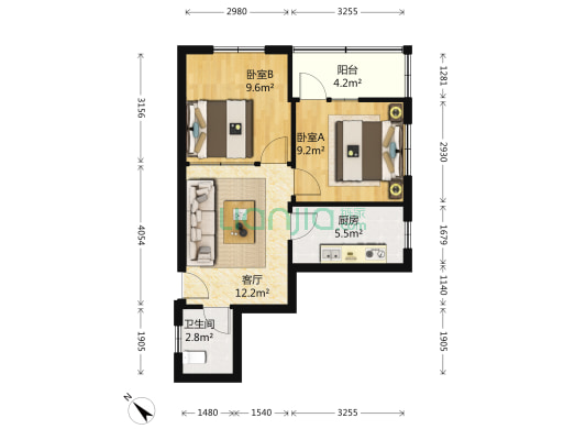 二环路西二段52号 2室1厅1卫 54平方