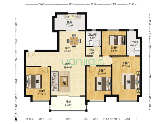 约克郡二号院 4室2厅2卫 140平方